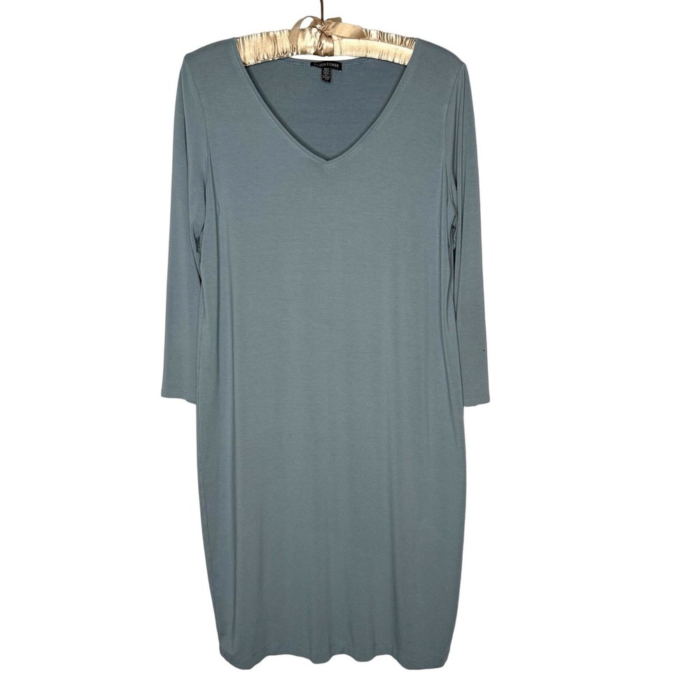 Eileen Fisher T-Shirt Dress Large Earthy Blue Comfort Stretch Lounge Made In USA